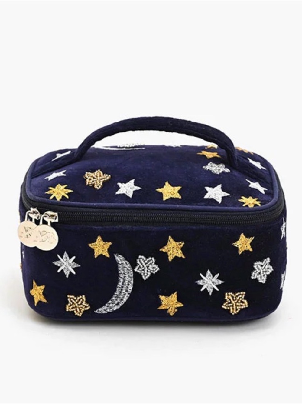 Velvet Embroidered Star & Moon Velvet Jewelry Case - Navy